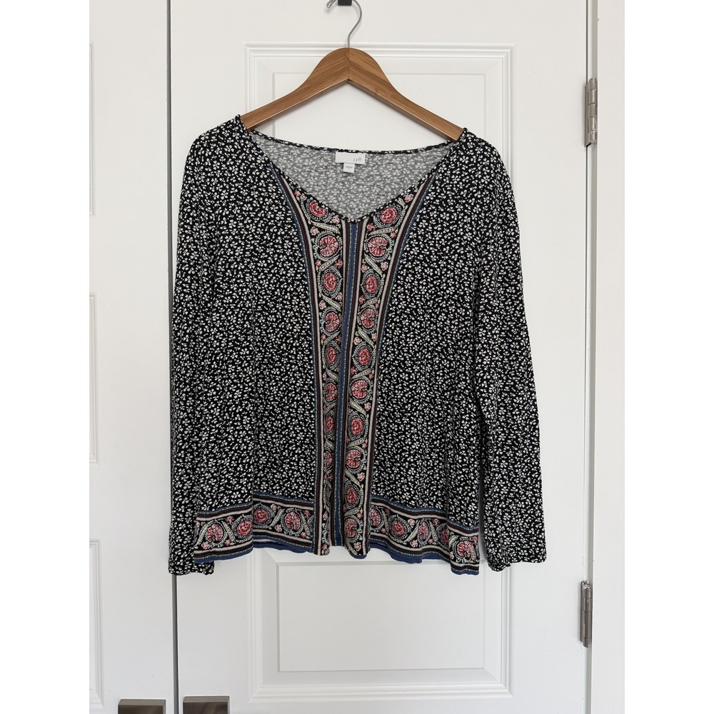 J.Jill Women's size Large Boho Border Print V Neck Long Sleeve Flowy Shirt Top